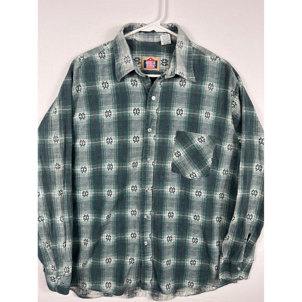 American Edition Flannel Shirt Mens Large Plaid Southwestern Button Down Green